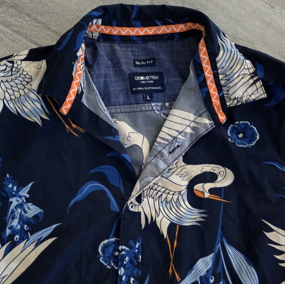 Geometrix New York Lightweight Crane Bird Print Long Sleeve Button Up Shirt Sz L - Picture 3 of 12